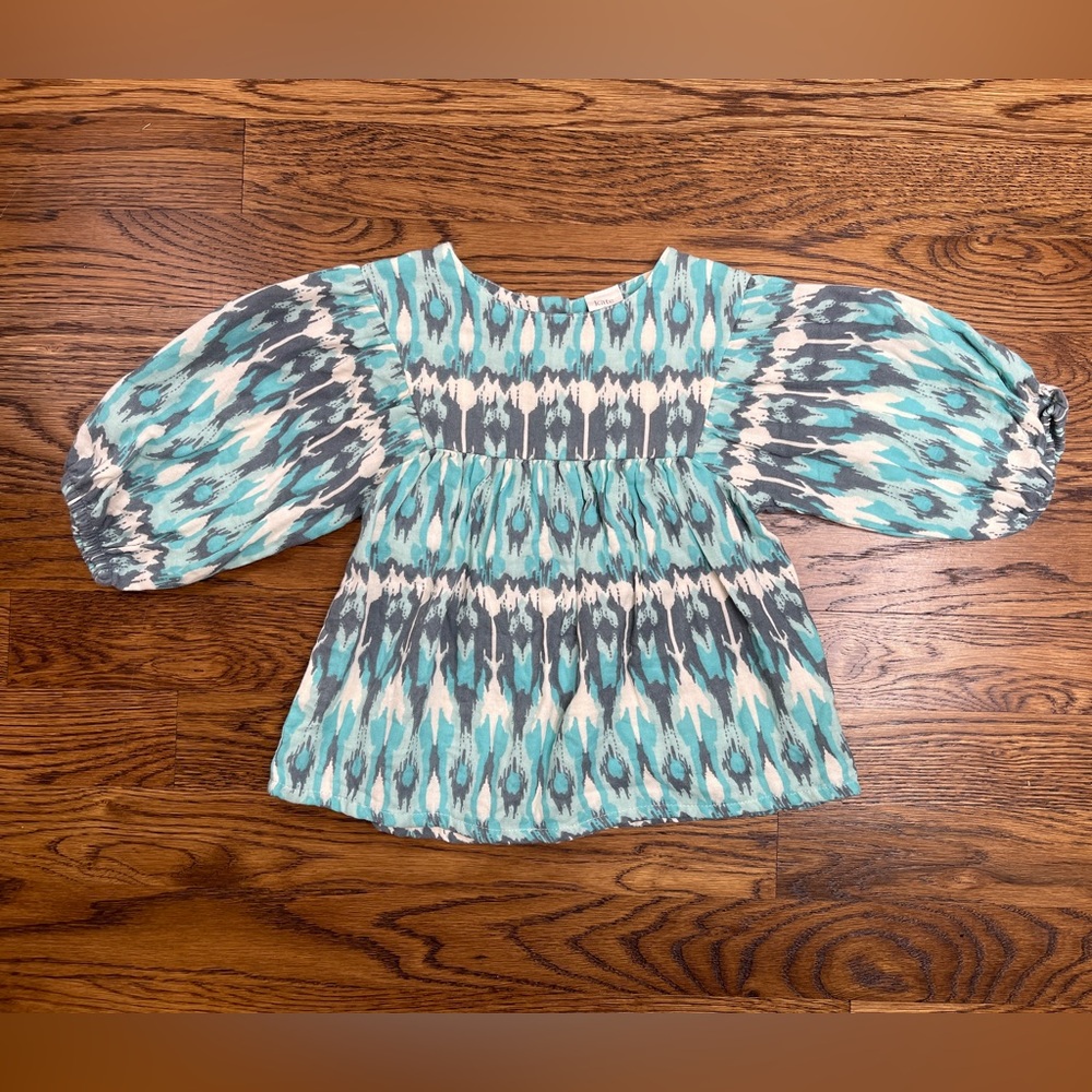 Kate Quinn Toddler Aqua and Gray 100% Organic Cotton Ikat Yoke Top 12-18 Months